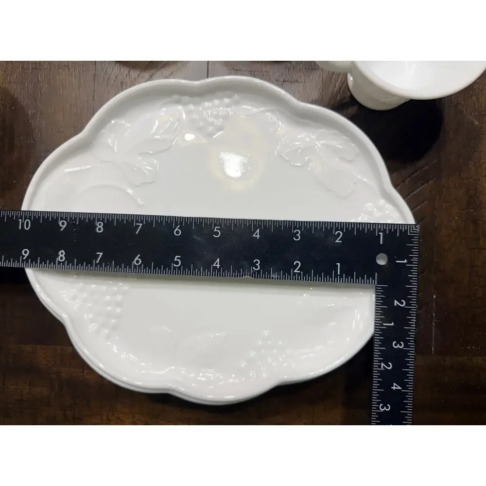 Set of 4 Vintage White Milk Glass Grapes & Vines Snack Plates Cups Snack Sets